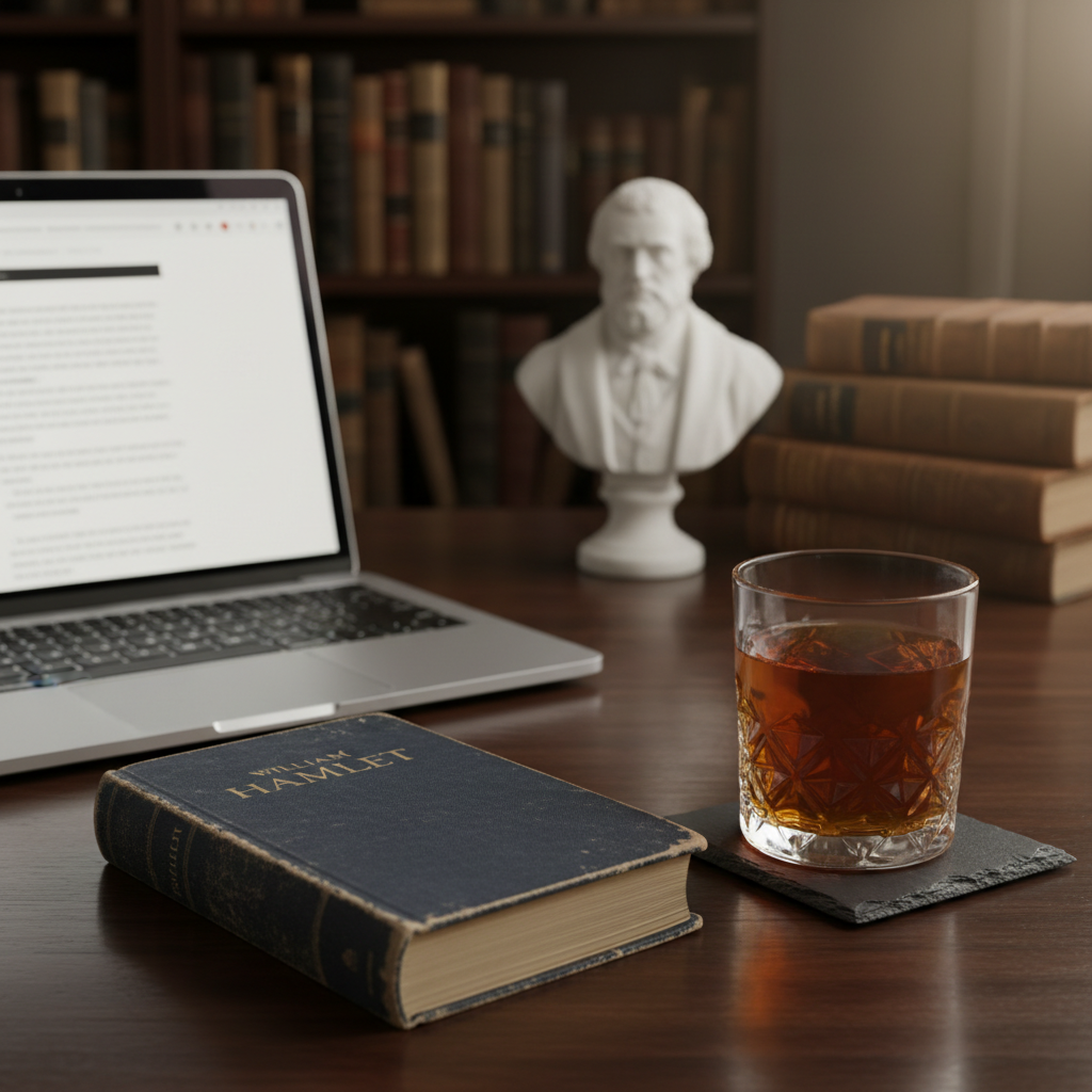 A close-up of a dark wooden table set with a minimalist review workspace: a slim silver laptop displaying an indistinct text page, beside a single, beautifully aged copy of Hamlet with a navy cloth cover and frayed corners. Next to it, a crystal tumbler of amber tea sits on a black slate coaster, its surface catching delicate highlights. In the background, blurred shelves of classical literature and a small, out-of-focus bust of Shakespeare add context. Warm, indirect evening lamp light from the right creates a cozy yet polished atmosphere. Photographic realism, shot from a slightly elevated angle with shallow depth of field, emphasizing the interplay between digital and traditional criticism in a sophisticated setting.