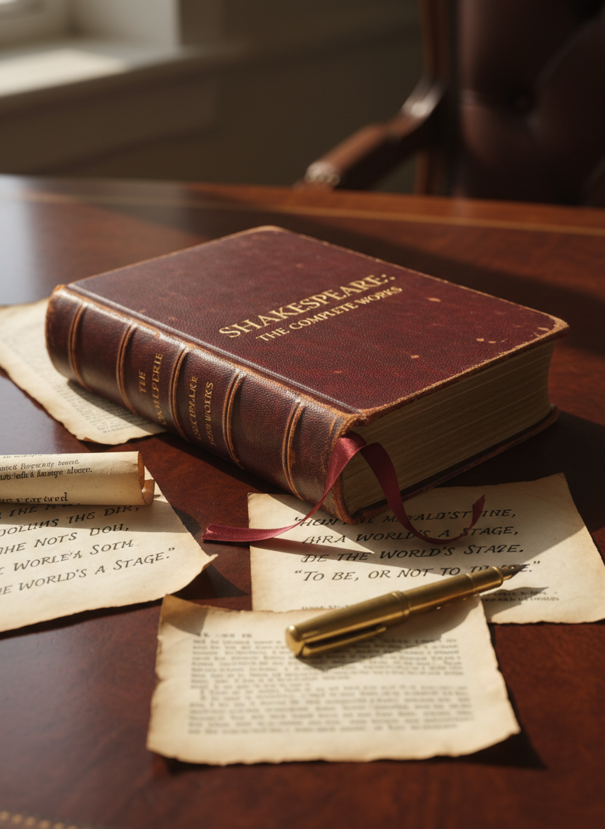 A finely detailed still life of a worn, leather-bound complete works of Shakespeare, its dark oxblood cover embossed with faint gold lettering, lying slightly open on a deep walnut writing desk. Fragile cream pages fan out, revealing tightly set text and a silk burgundy ribbon marker. Around it, scattered parchment-style notes with handwritten quotes and a brass fountain pen create a critic’s workspace. Soft, warm afternoon light enters from an unseen window to the left, casting gentle shadows and a golden sheen on the leather grain. Photographic realism, shot at eye level with a shallow depth of field, the book in crisp focus and the background subtly blurred, creating a sophisticated, contemplative atmosphere ideal for a Shakespeare review blog homepage.
