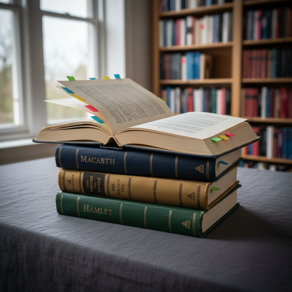 An elegant stack of different Shakespeare play editions arranged neatly on a charcoal linen-covered table, each spine a distinct muted jewel tone—deep emerald, midnight blue, antique gold—stamped with classic serif titles. A single open volume on top displays a well-known soliloquy, margins lined with neat pencil annotations and color-coded tabs. Behind, a blurred backdrop of floor-to-ceiling bookshelves filled with hardcovers suggests a refined home library. Soft, diffused overcast daylight from a tall side window illuminates the scene, enhancing the textures of cloth bindings and paper. Photographic realism with a three-quarter angle composition, subtle vignette, and calm, scholarly mood that conveys meticulous, sophisticated literary analysis.