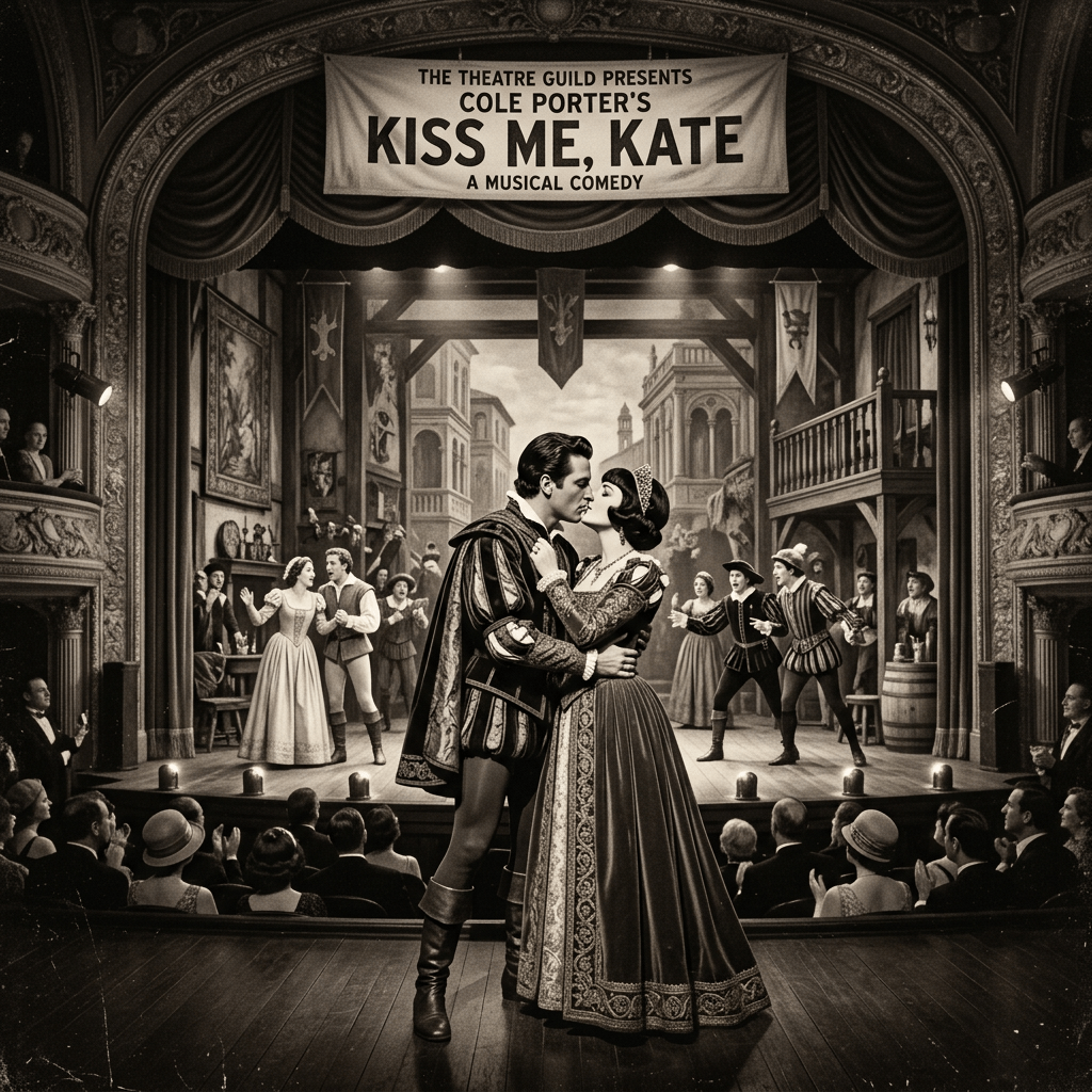 Actors embracing on stage during Kiss Me, Kate musical comedy with detailed Renaissance costumes and audience