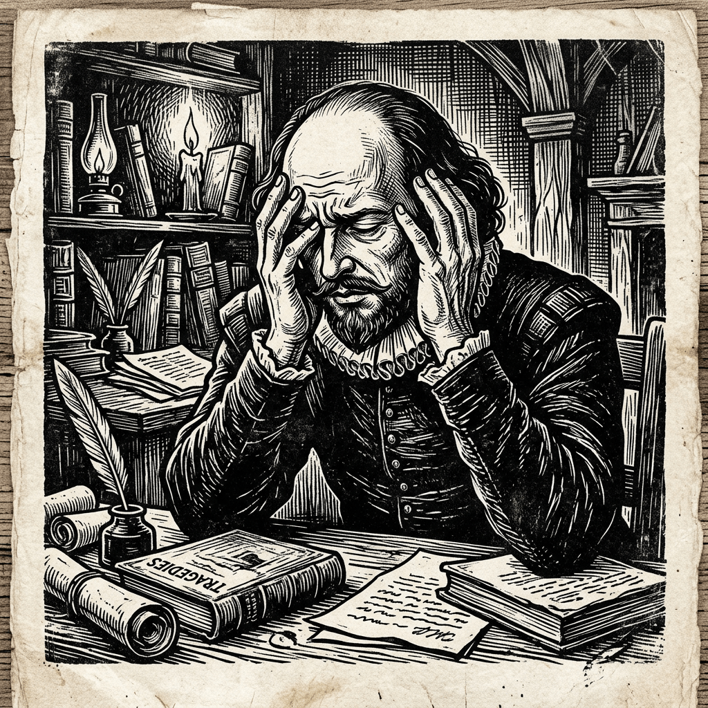 Frustrated historic writer holding head surrounded by books and papers