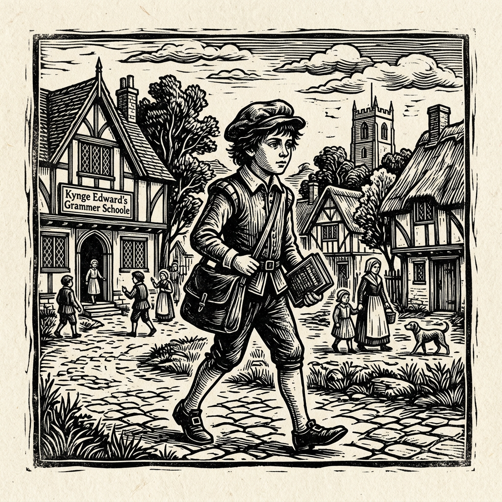 Boy carrying books walking in a medieval village with King Edward's Grammar School in the background