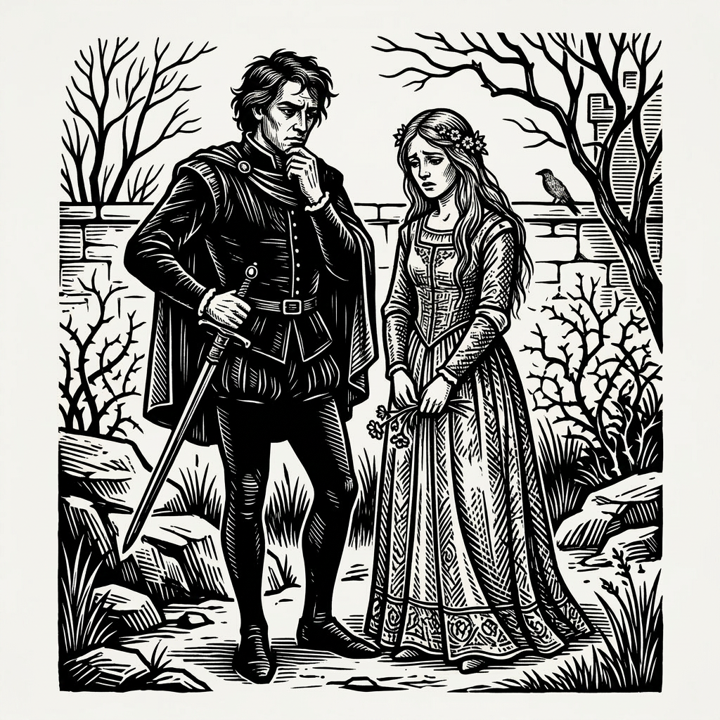 A medieval man with a sword and a woman holding flowers in a garden